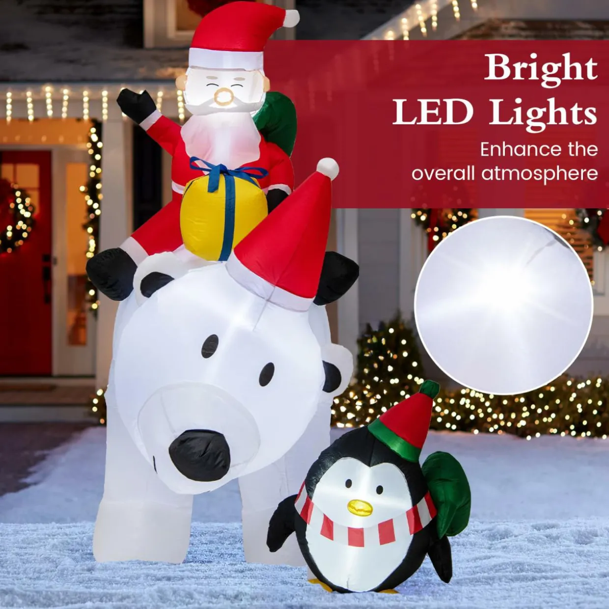 Tangkula 7.5 FT Christmas Inflatable Polar Bear, Blow up Santa Claus Riding Bear with Penguin, Gift Bags & Gift Box