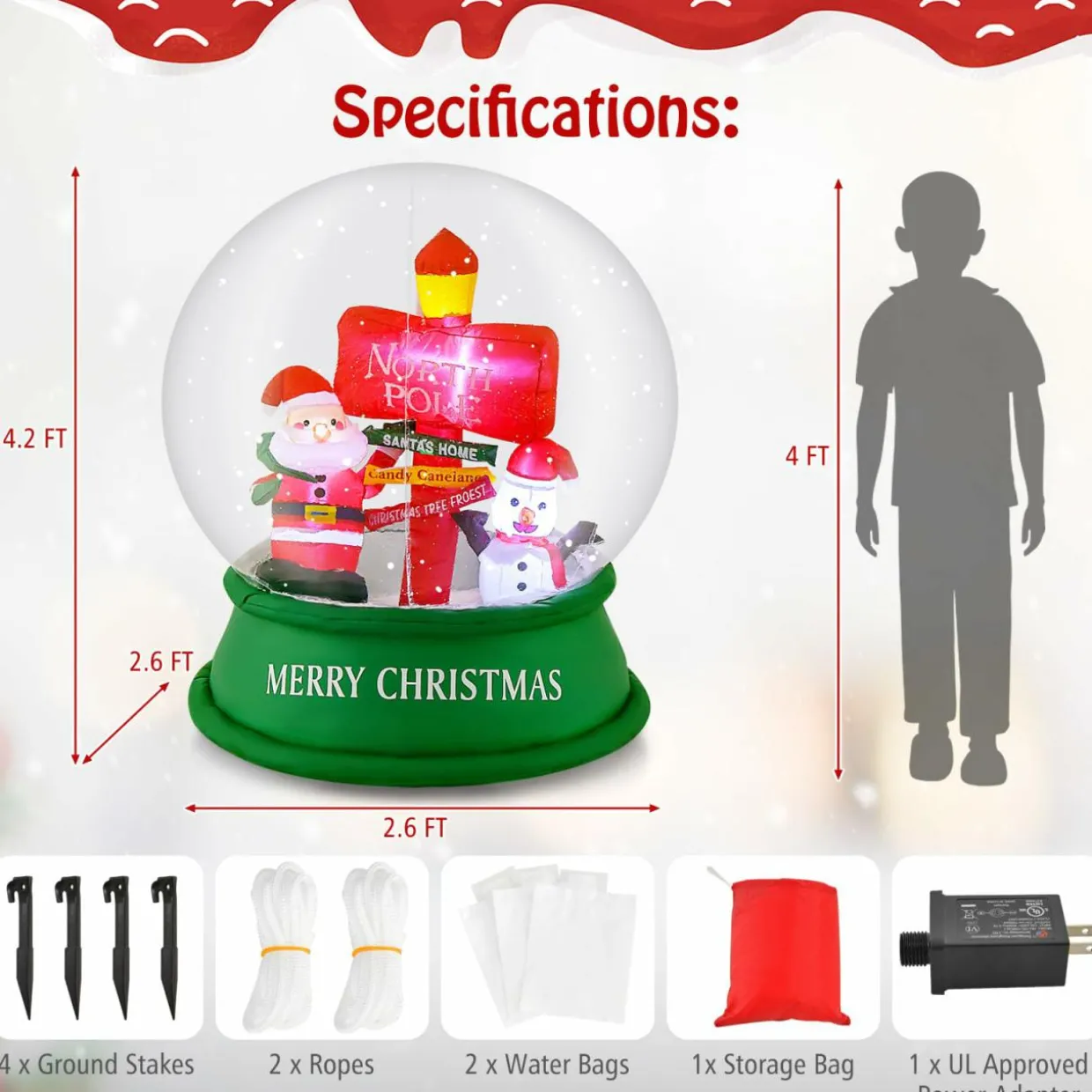 Tangkula 4.2 FT Christmas Inflatable Santa Snow Globe, Light Up Crystal Ball with Santa, Snowman & Road Sign
