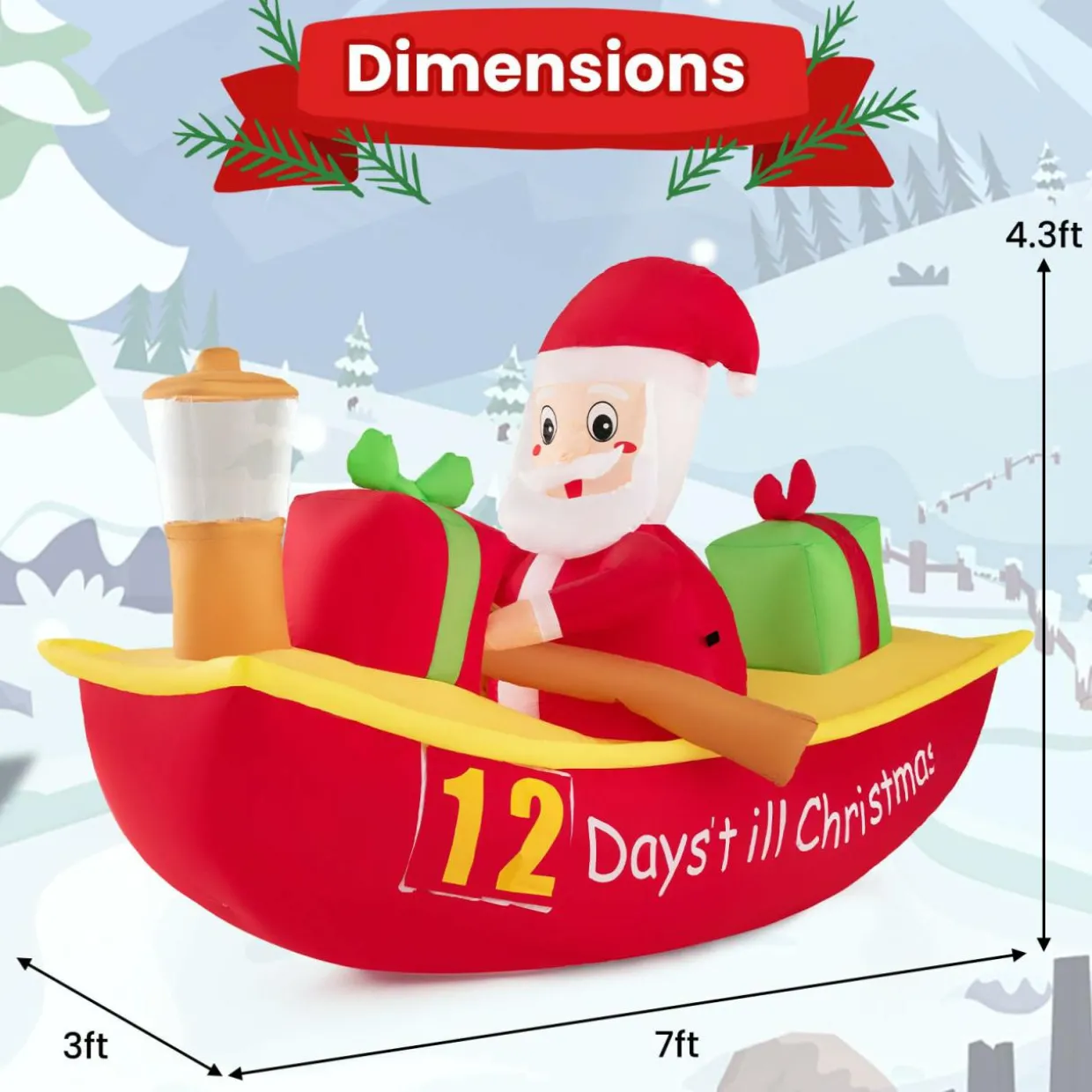 Tangkula 7 FT Christmas Inflatable Santa Claus Rowing Boat with Navigation Light