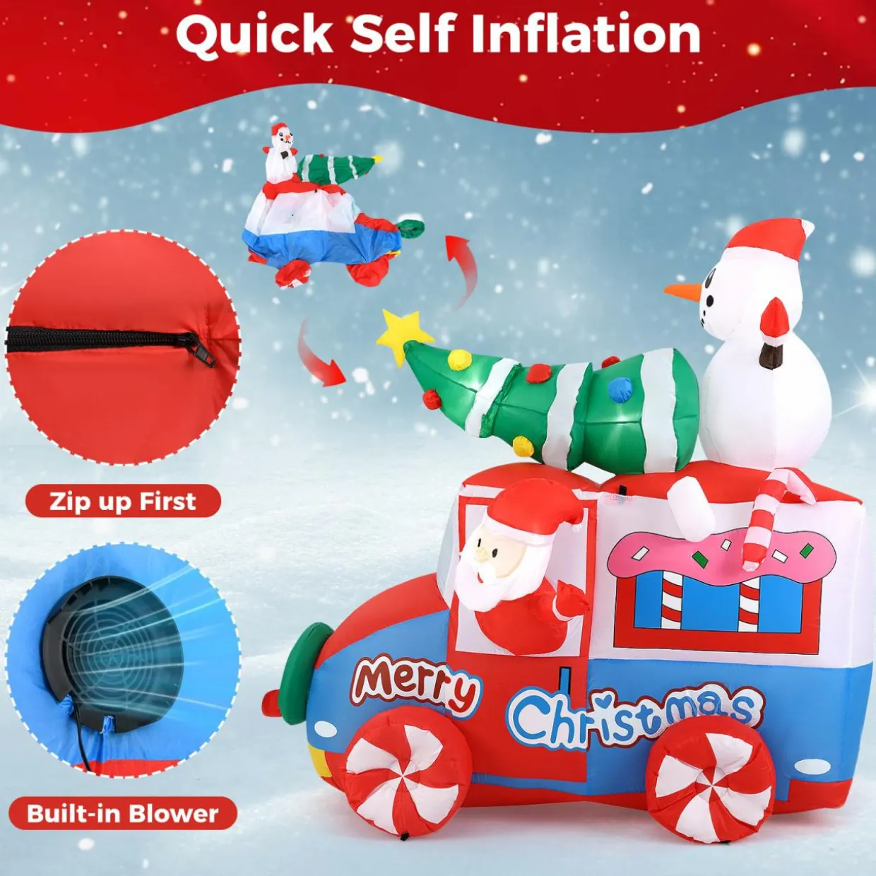 Tangkula 6 FT Christmas Inflatable Santa Claus Driving Car with Xmas Tree & Snowman