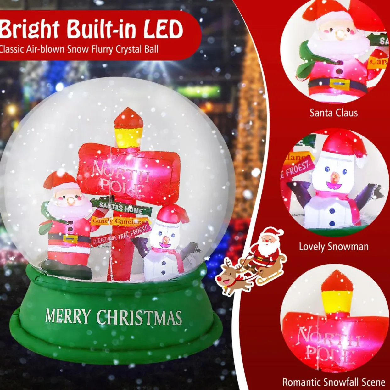 Tangkula 4.2 FT Christmas Inflatable Santa Snow Globe, Light Up Crystal Ball with Santa, Snowman & Road Sign