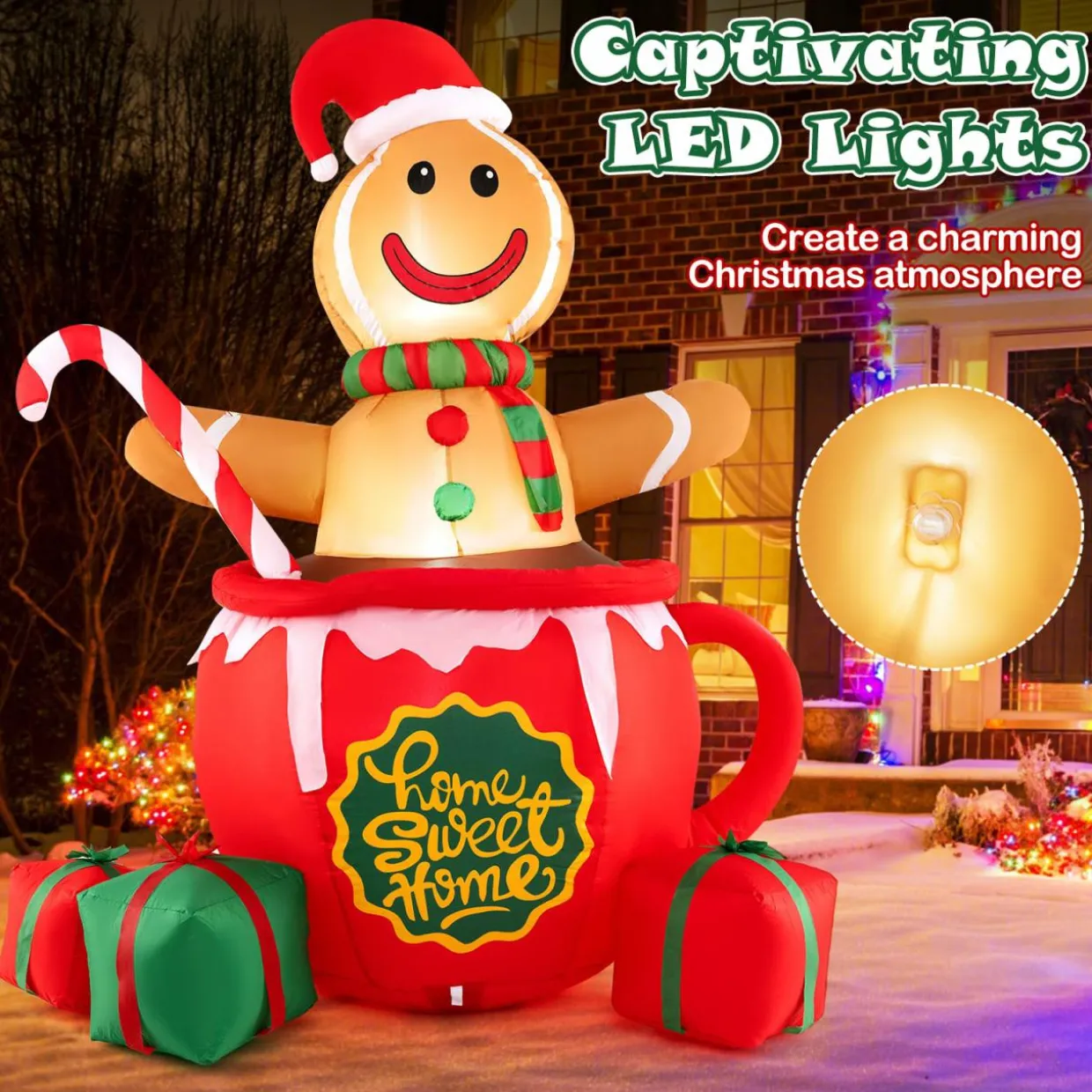 Tangkula 7 FT Christmas Inflatable Gingerbread Man in Hot Cocoa Mug