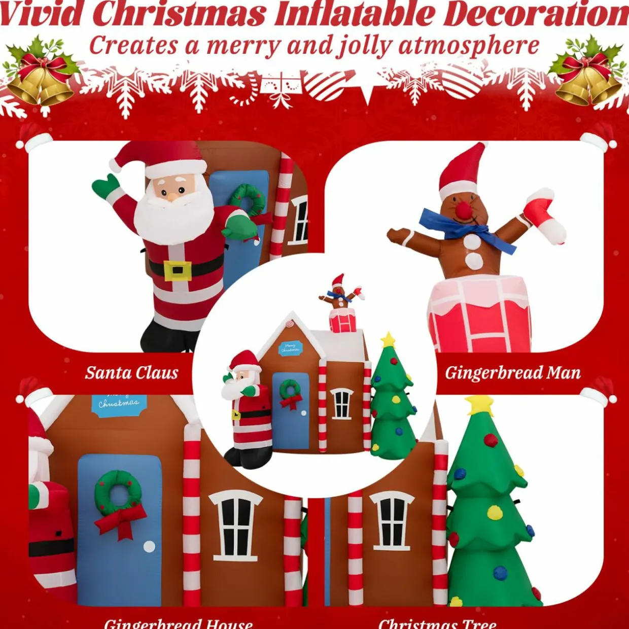 Tangkula 7 FT Christmas Inflatables Ginger House with Santa Claus & Christmas Tree