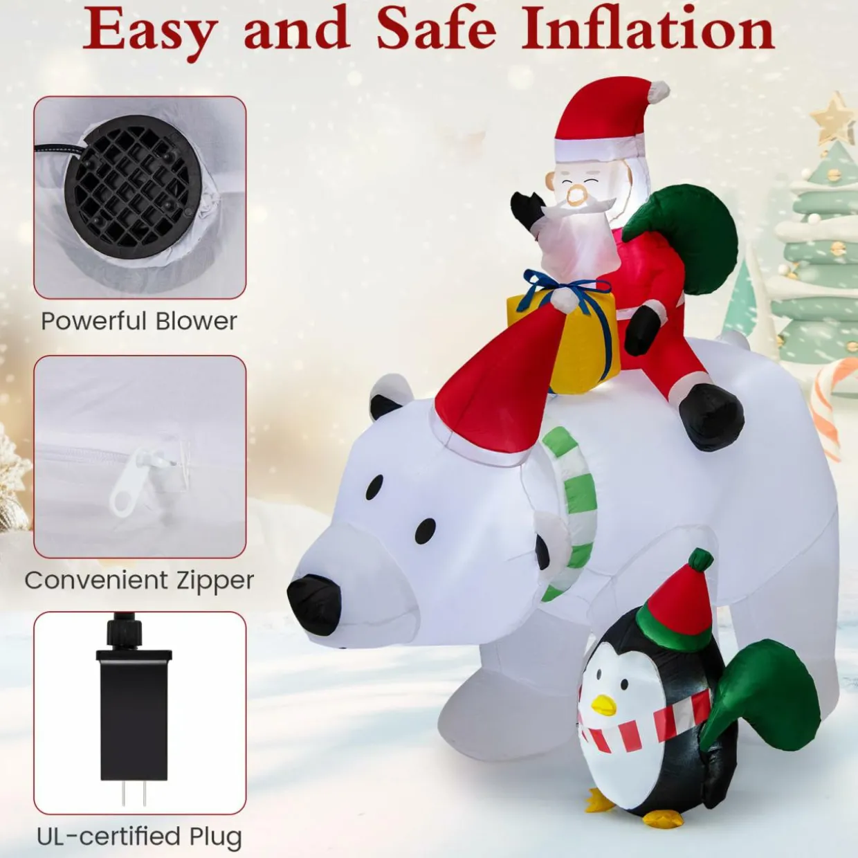 Tangkula 7.5 FT Christmas Inflatable Polar Bear, Blow up Santa Claus Riding Bear with Penguin, Gift Bags & Gift Box