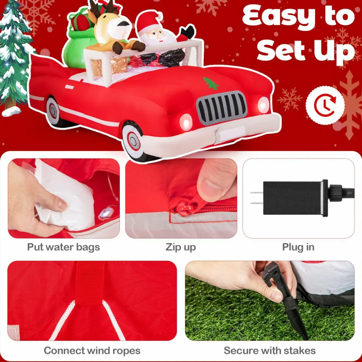Tangkula 7.7 FT Christmas Inflatable Santa Claus & Reindeer Riding Car with Gift Bag