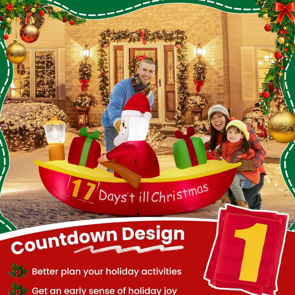 Tangkula 7 FT Christmas Inflatable Santa Claus Rowing Boat with Navigation Light