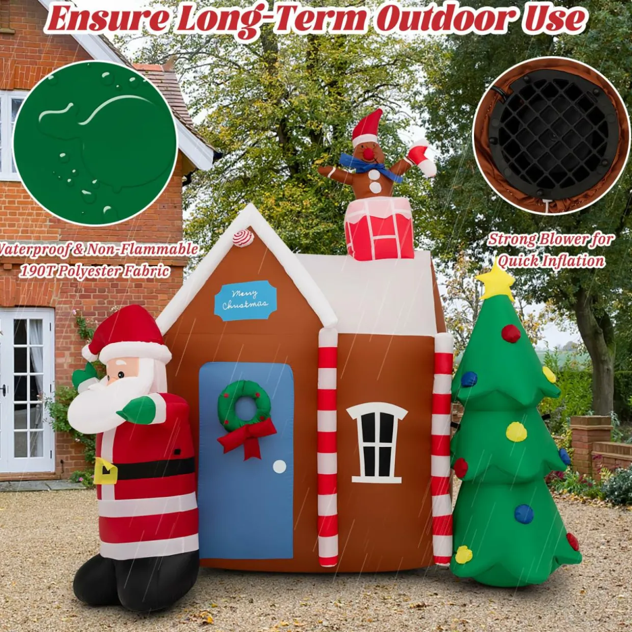 Tangkula 7 FT Christmas Inflatables Ginger House with Santa Claus & Christmas Tree
