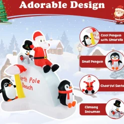 Tangkula 6.4 FT Christmas Inflatable Penguins, Santa & Snowman on Slide