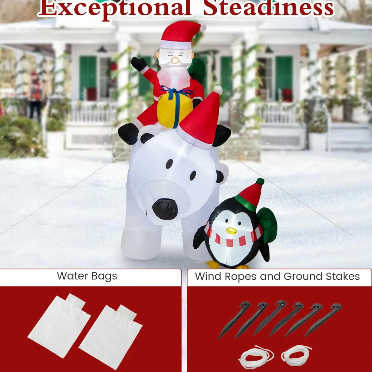 Tangkula 7.5 FT Christmas Inflatable Polar Bear, Blow up Santa Claus Riding Bear with Penguin, Gift Bags & Gift Box