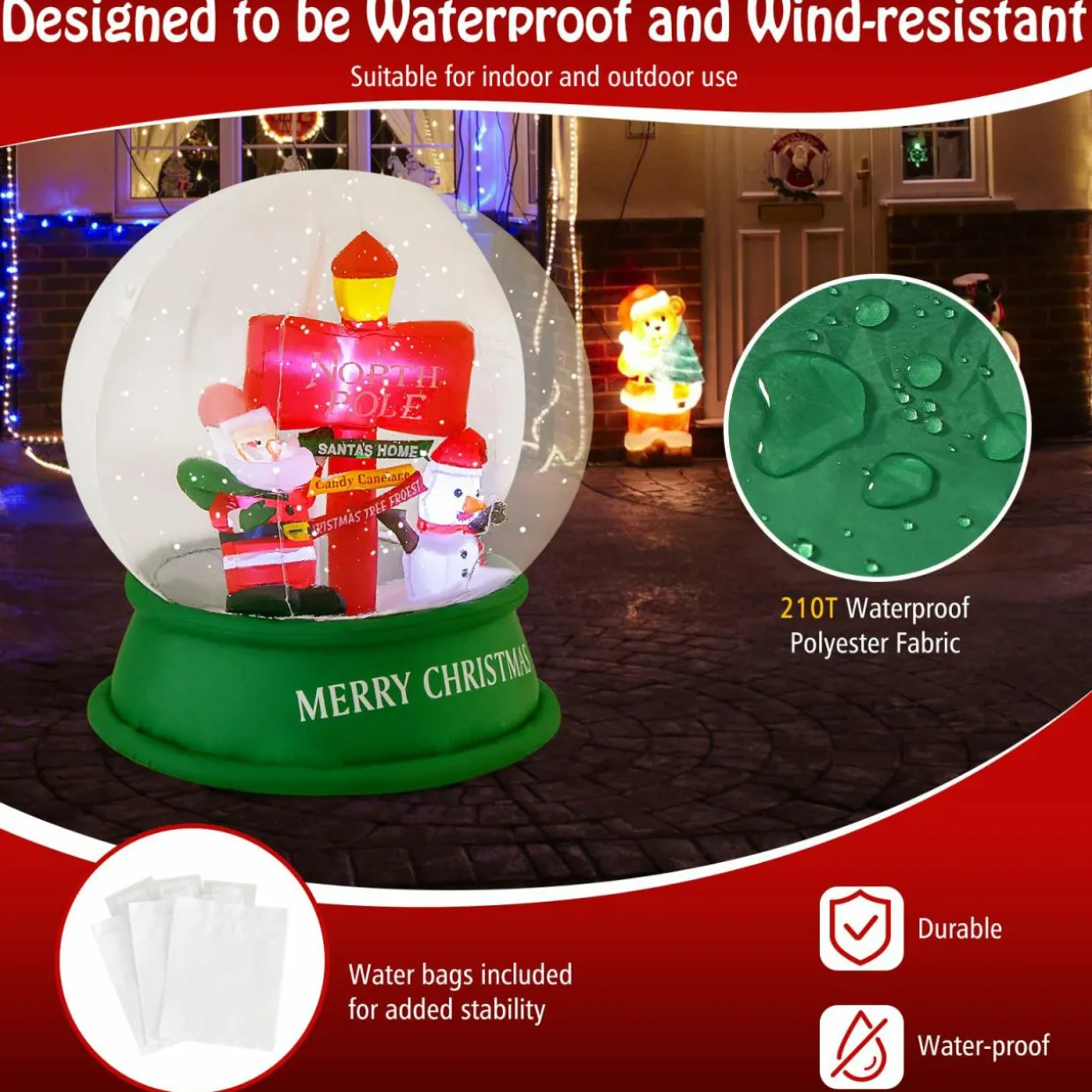 Tangkula 4.2 FT Christmas Inflatable Santa Snow Globe, Light Up Crystal Ball with Santa, Snowman & Road Sign