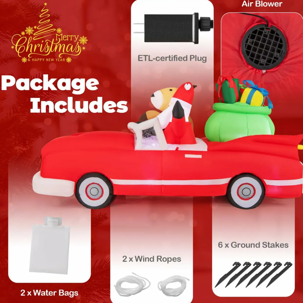 Tangkula 7.7 FT Christmas Inflatable Santa Claus & Reindeer Riding Car with Gift Bag