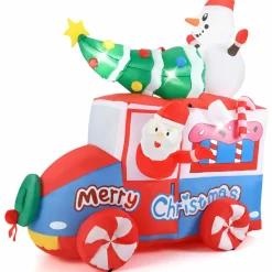 Tangkula 6 FT Christmas Inflatable Santa Claus Driving Car with Xmas Tree & Snowman