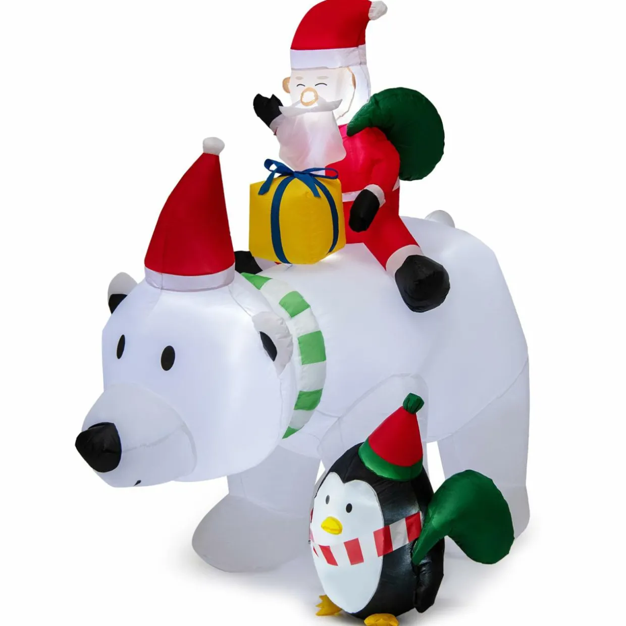 Tangkula 7.5 FT Christmas Inflatable Polar Bear, Blow up Santa Claus Riding Bear with Penguin, Gift Bags & Gift Box
