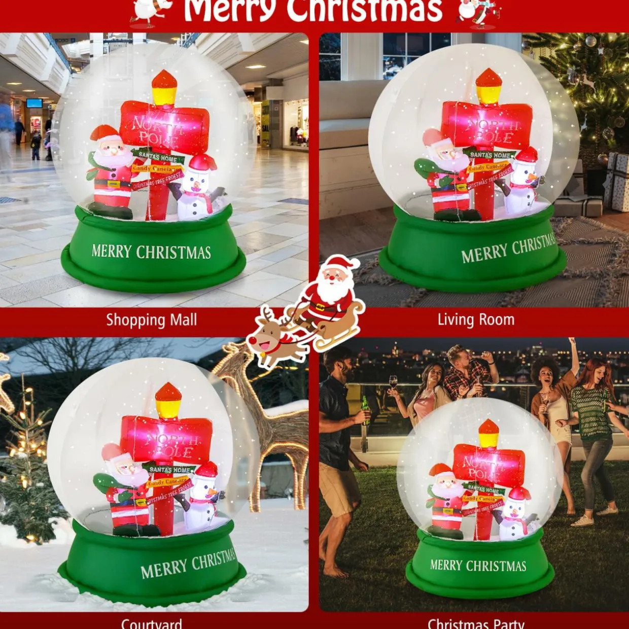 Tangkula 4.2 FT Christmas Inflatable Santa Snow Globe, Light Up Crystal Ball with Santa, Snowman & Road Sign