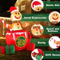 Tangkula 7 FT Christmas Inflatable Gingerbread Man in Hot Cocoa Mug