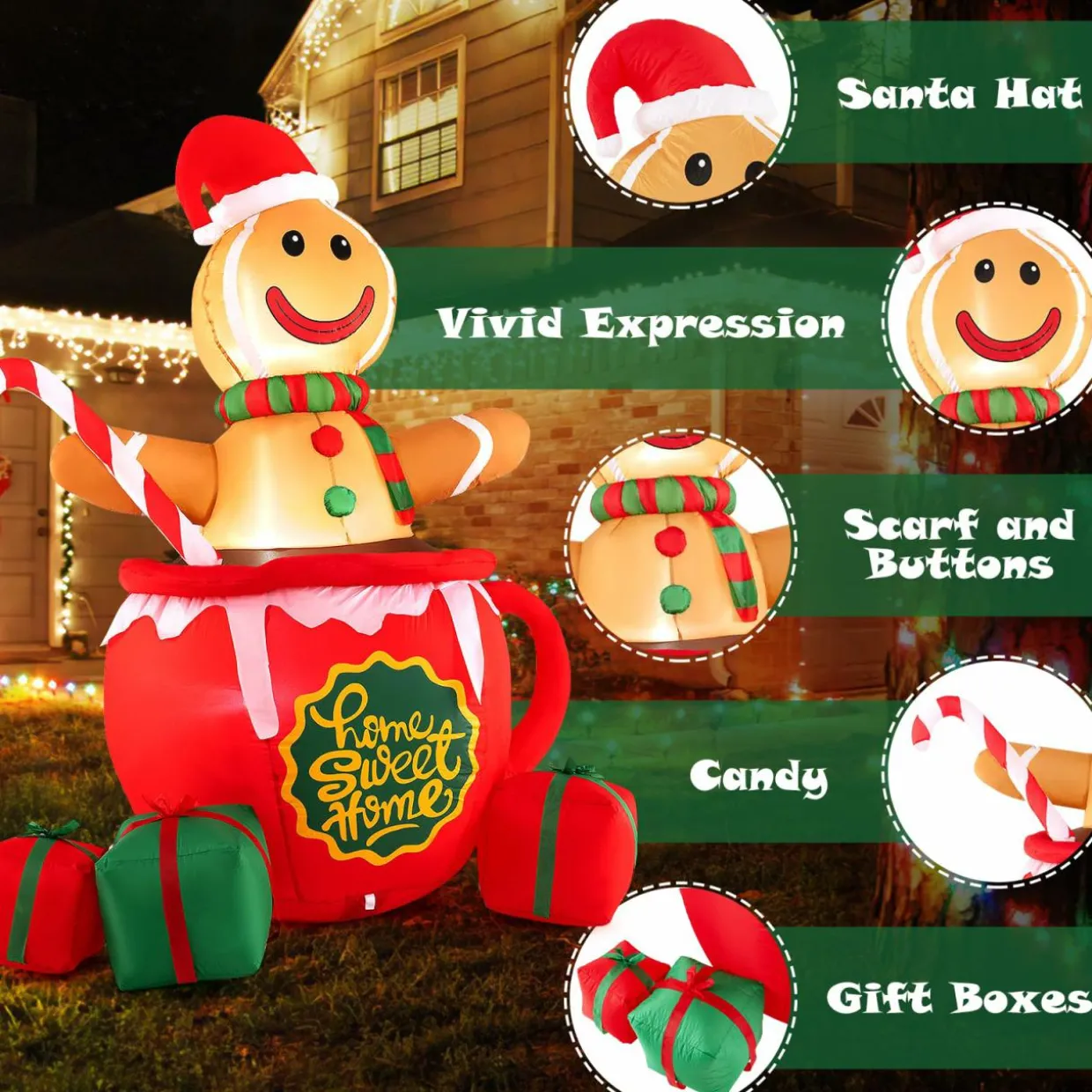 Tangkula 7 FT Christmas Inflatable Gingerbread Man in Hot Cocoa Mug
