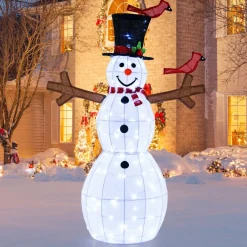 Tangkula 4.8 FT Christmas Lighted Snowman with Red Birds, Indoor/Outdoor Pre-Lit Xmas Snowman with 120 LED Lights