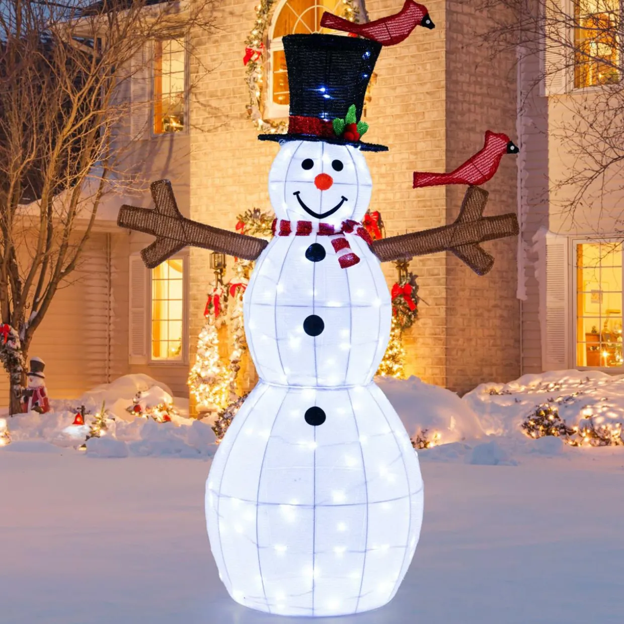 Tangkula 4.8 FT Christmas Lighted Snowman with Red Birds, Indoor/Outdoor Pre-Lit Xmas Snowman with 120 LED Lights