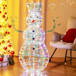 Tangkula 4 FT Christmas Lighted Iridescent Snowman, Pre-Lit Christmas Decoration with 100 White LED Lights
