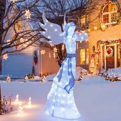 Tangkula 5 FT Christmas Lighted Angel with Trumpet, Outdoor Xmas Pre-Lit Angel with Halo