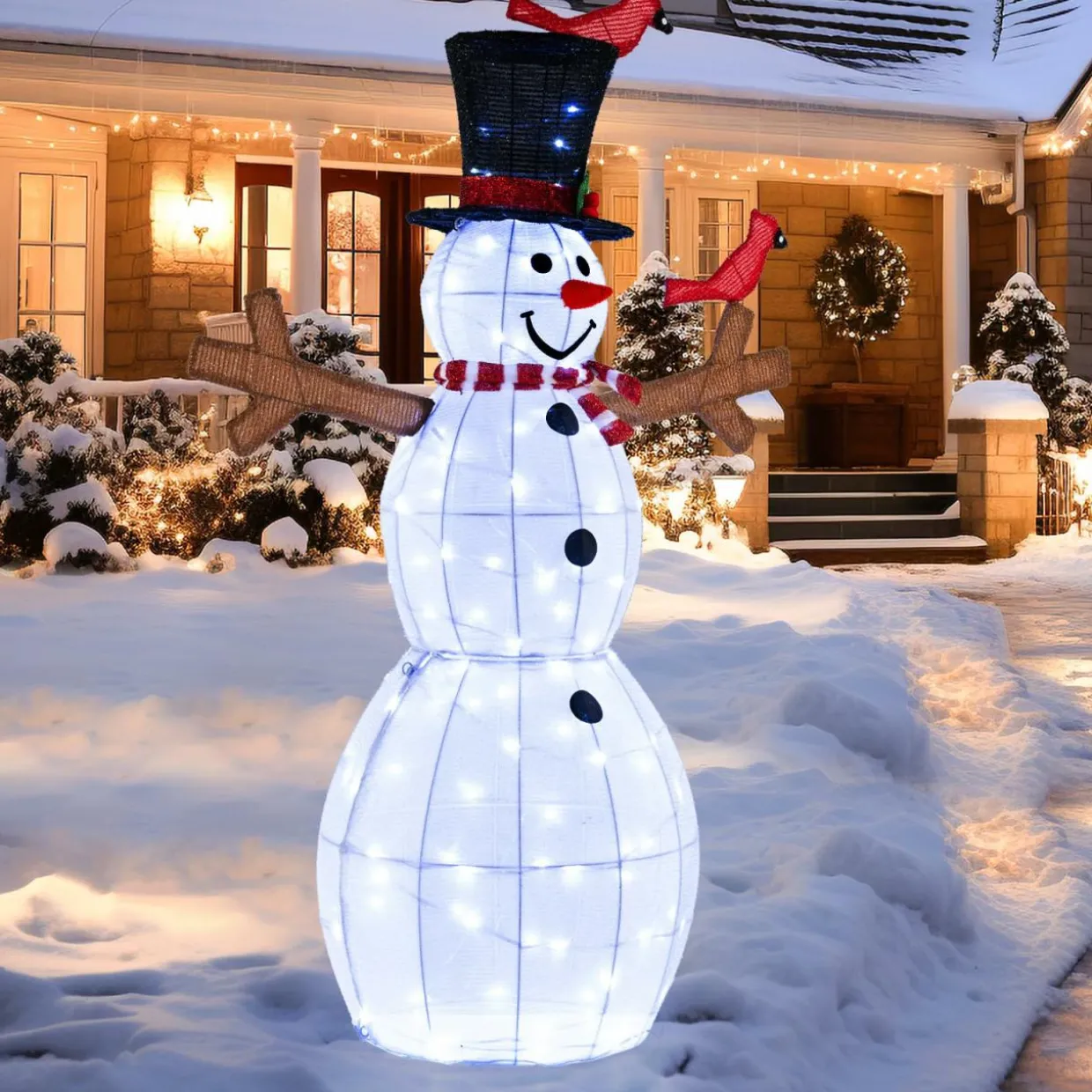 Tangkula 4.8 FT Christmas Lighted Snowman with Red Birds, Indoor/Outdoor Pre-Lit Xmas Snowman with 120 LED Lights