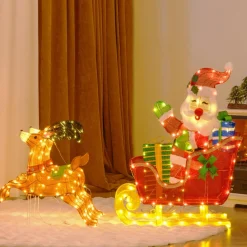 Tangkula 5 FT Christmas Lighted Reindeers with Santa Claus Sleigh, Outdoor Light-up Xmas Decoration Set with 239 LED Lights