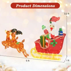 Tangkula 5 FT Christmas Lighted Reindeers with Santa Claus Sleigh, Outdoor Light-up Xmas Decoration Set with 239 LED Lights