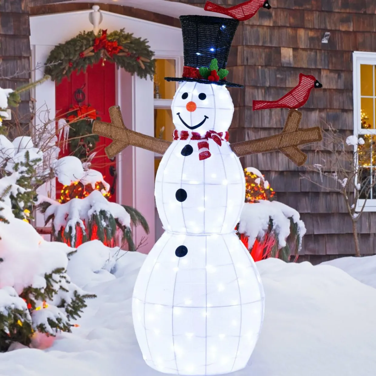 Tangkula 4.8 FT Christmas Lighted Snowman with Red Birds, Indoor/Outdoor Pre-Lit Xmas Snowman with 120 LED Lights