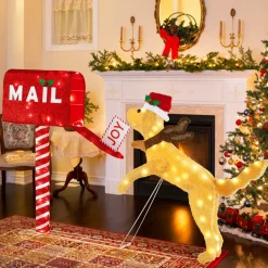 Tangkula 5.5 FT Christmas Lighted Mailbox & Dog, Xmas Decoration with 120 Warm White LED Lights