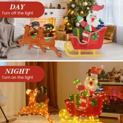 Tangkula 5 FT Christmas Lighted Reindeers with Santa Claus Sleigh, Outdoor Light-up Xmas Decoration Set with 239 LED Lights