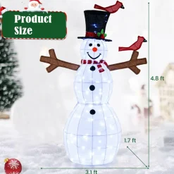 Tangkula 4.8 FT Christmas Lighted Snowman with Red Birds, Indoor/Outdoor Pre-Lit Xmas Snowman with 120 LED Lights