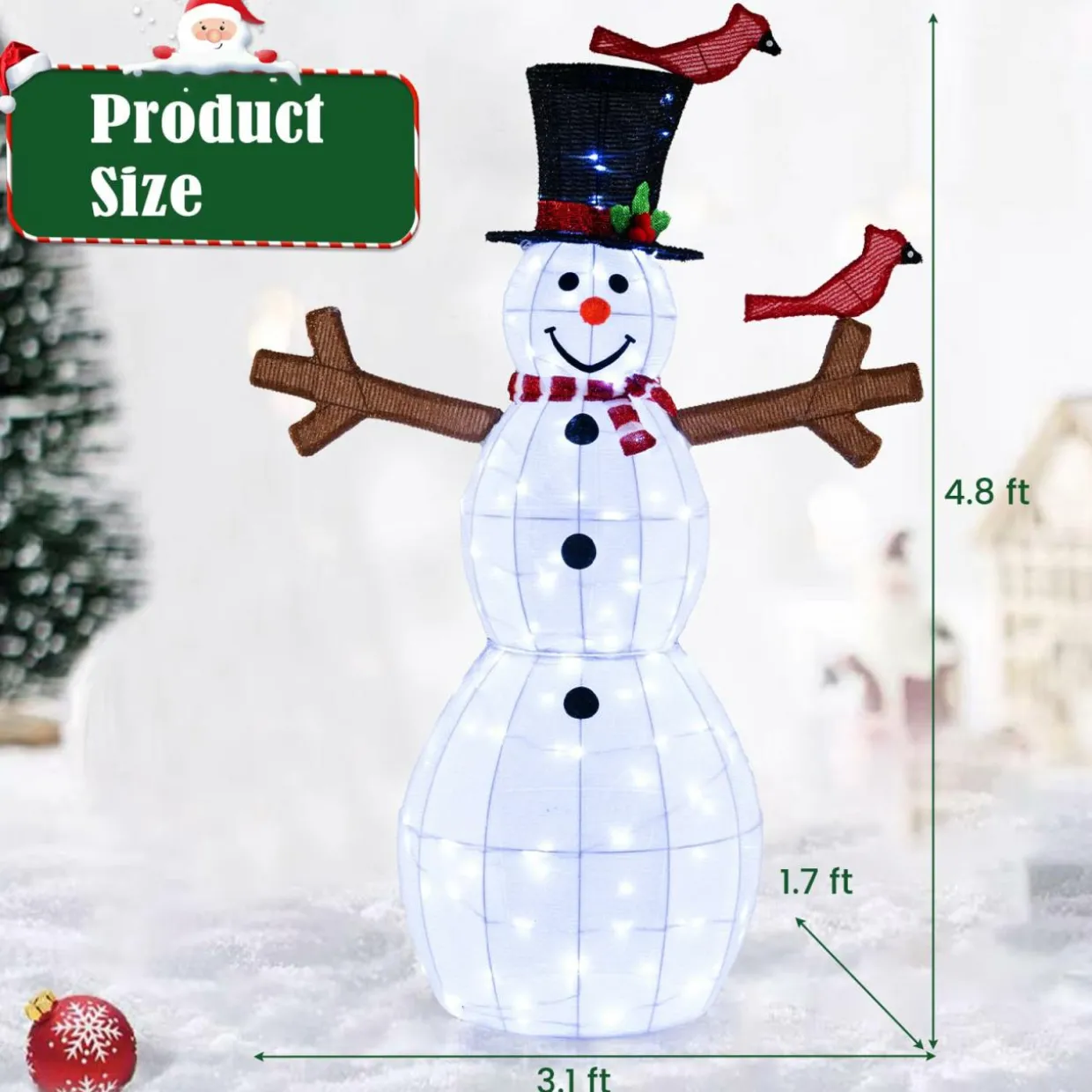 Tangkula 4.8 FT Christmas Lighted Snowman with Red Birds, Indoor/Outdoor Pre-Lit Xmas Snowman with 120 LED Lights