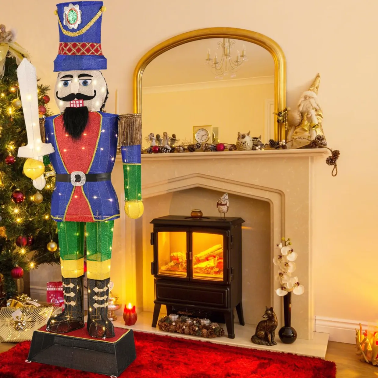 Tangkula 6 FT Christmas Lighted Nutcracker with Sword, 3D Christmas Lighted Soldier with 110 LED Lights