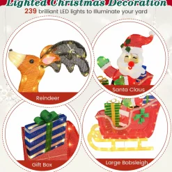 Tangkula 5 FT Christmas Lighted Reindeers with Santa Claus Sleigh, Outdoor Light-up Xmas Decoration Set with 239 LED Lights