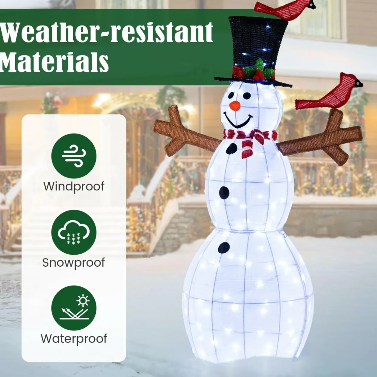 Tangkula 4.8 FT Christmas Lighted Snowman with Red Birds, Indoor/Outdoor Pre-Lit Xmas Snowman with 120 LED Lights