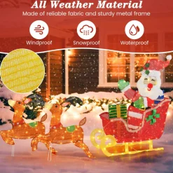 Tangkula 5 FT Christmas Lighted Reindeers with Santa Claus Sleigh, Outdoor Light-up Xmas Decoration Set with 239 LED Lights