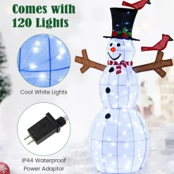Tangkula 4.8 FT Christmas Lighted Snowman with Red Birds, Indoor/Outdoor Pre-Lit Xmas Snowman with 120 LED Lights