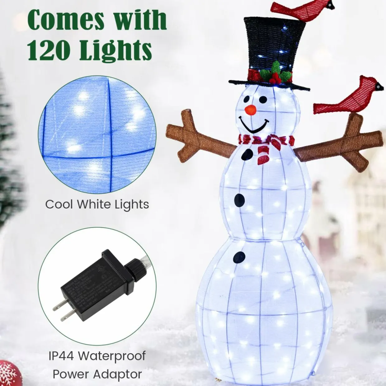 Tangkula 4.8 FT Christmas Lighted Snowman with Red Birds, Indoor/Outdoor Pre-Lit Xmas Snowman with 120 LED Lights
