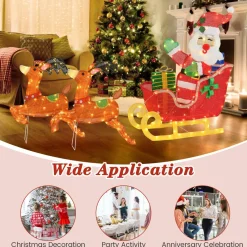 Tangkula 5 FT Christmas Lighted Reindeers with Santa Claus Sleigh, Outdoor Light-up Xmas Decoration Set with 239 LED Lights