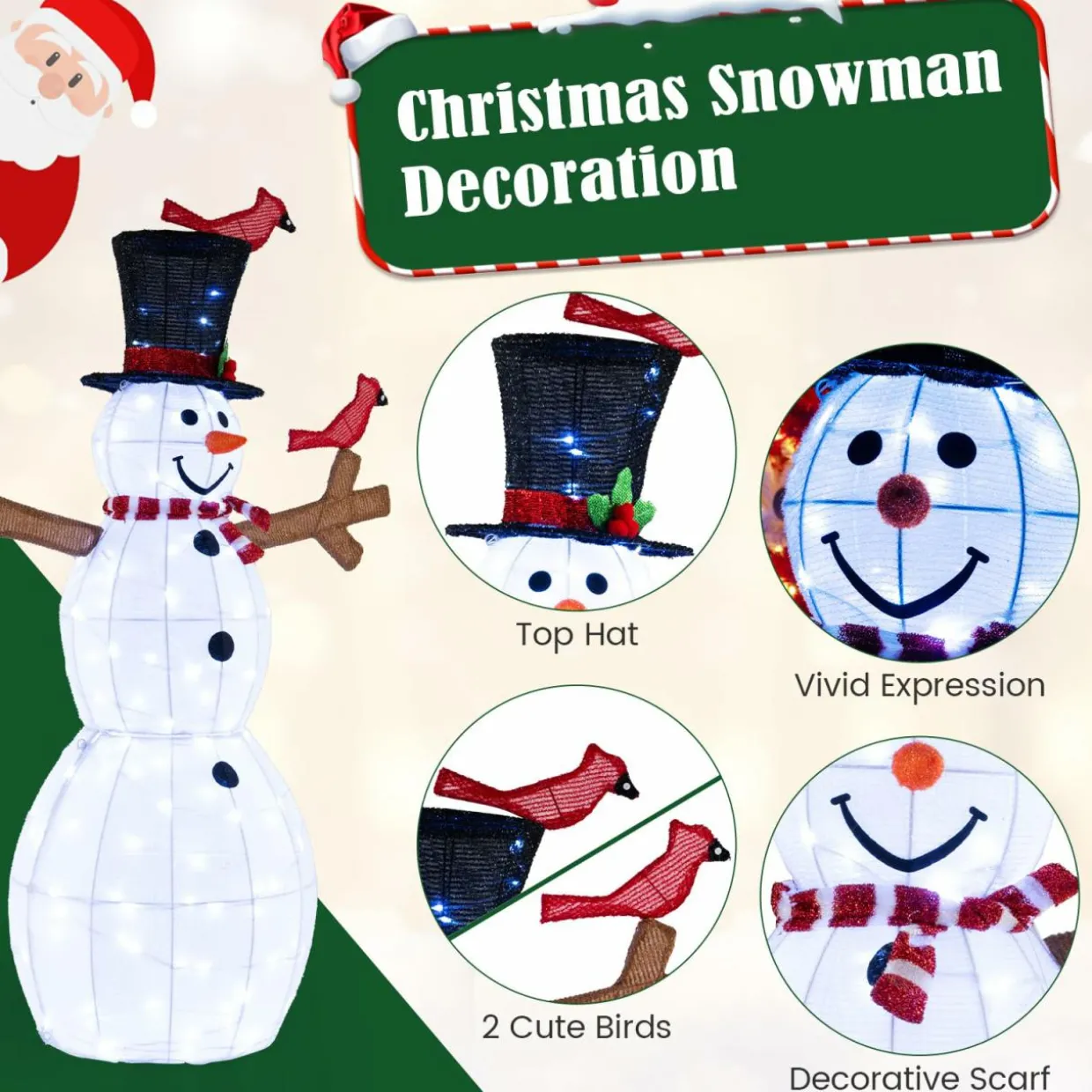 Tangkula 4.8 FT Christmas Lighted Snowman with Red Birds, Indoor/Outdoor Pre-Lit Xmas Snowman with 120 LED Lights