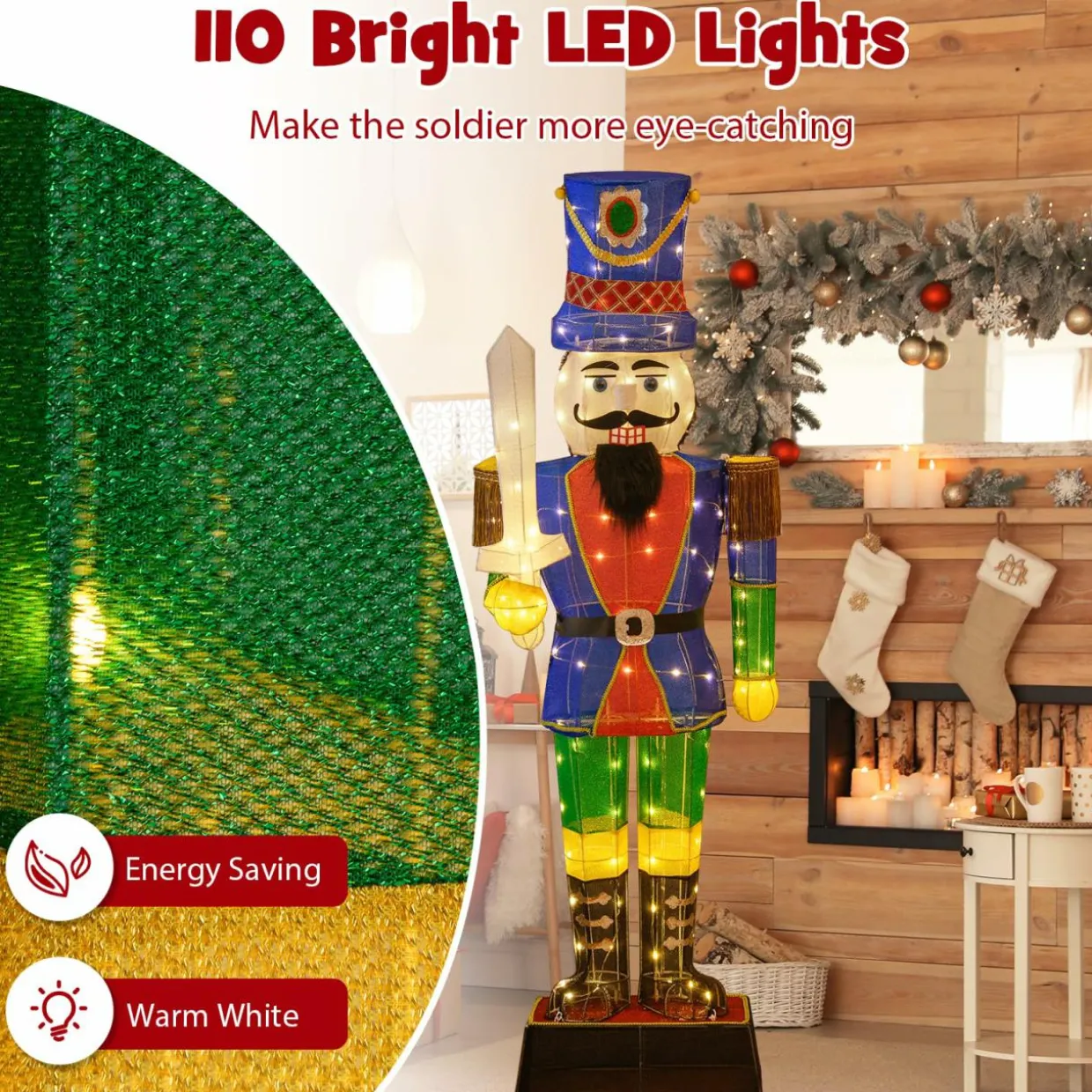 Tangkula 6 FT Christmas Lighted Nutcracker with Sword, 3D Christmas Lighted Soldier with 110 LED Lights