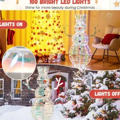 Tangkula 4 FT Christmas Lighted Iridescent Snowman, Pre-Lit Christmas Decoration with 100 White LED Lights