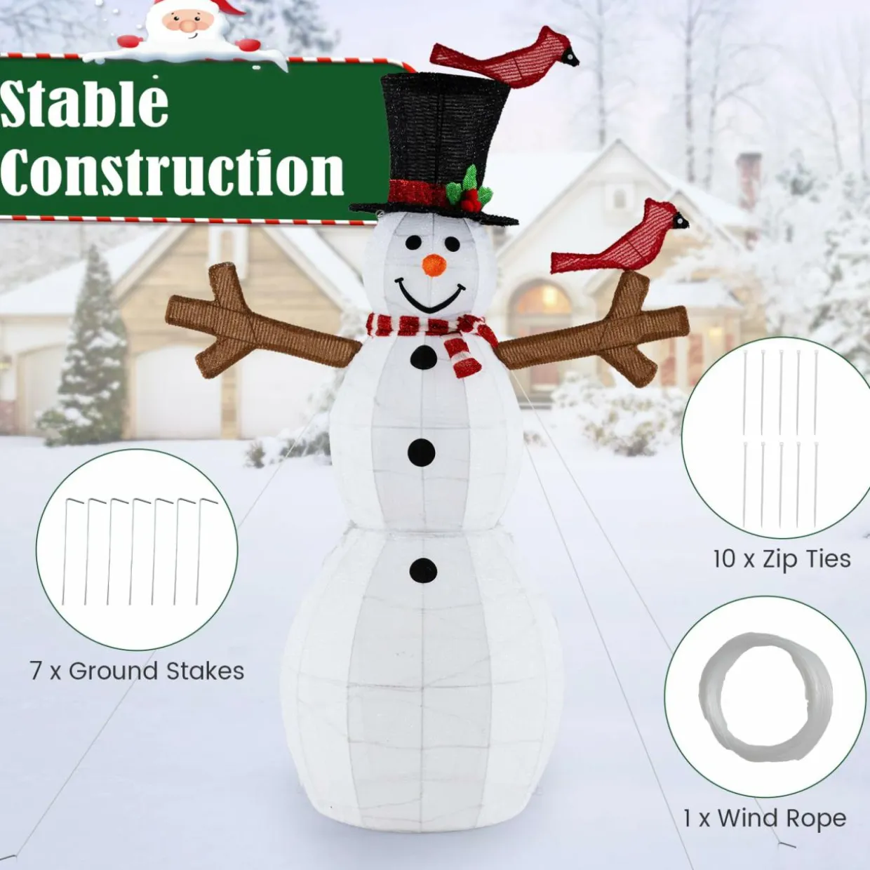 Tangkula 4.8 FT Christmas Lighted Snowman with Red Birds, Indoor/Outdoor Pre-Lit Xmas Snowman with 120 LED Lights