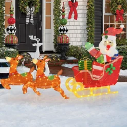 Tangkula 5 FT Christmas Lighted Reindeers with Santa Claus Sleigh, Outdoor Light-up Xmas Decoration Set with 239 LED Lights