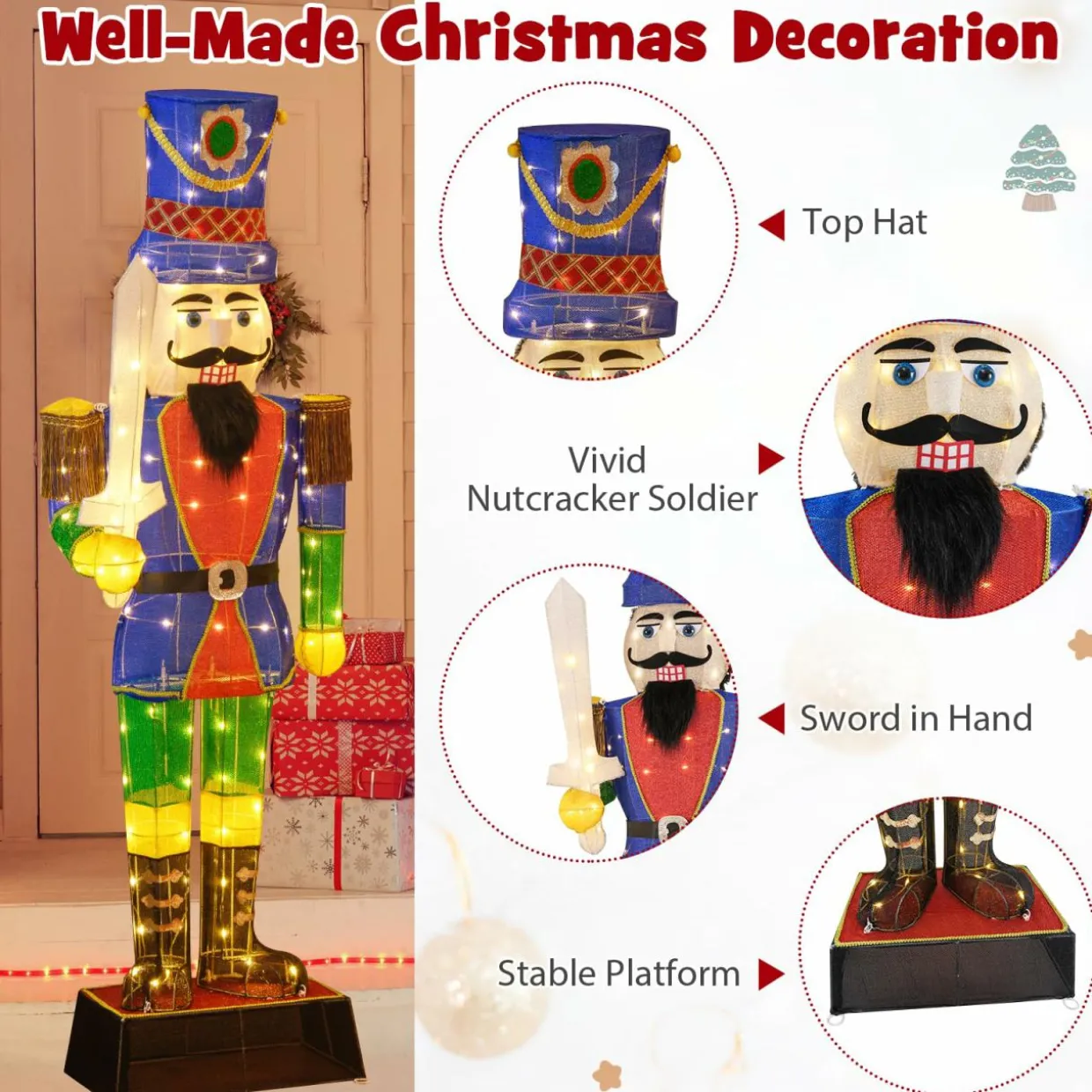Tangkula 6 FT Christmas Lighted Nutcracker with Sword, 3D Christmas Lighted Soldier with 110 LED Lights