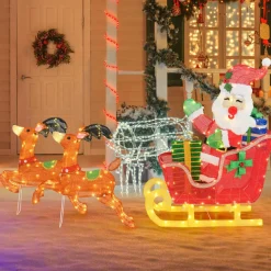Tangkula 5 FT Christmas Lighted Reindeers with Santa Claus Sleigh, Outdoor Light-up Xmas Decoration Set with 239 LED Lights