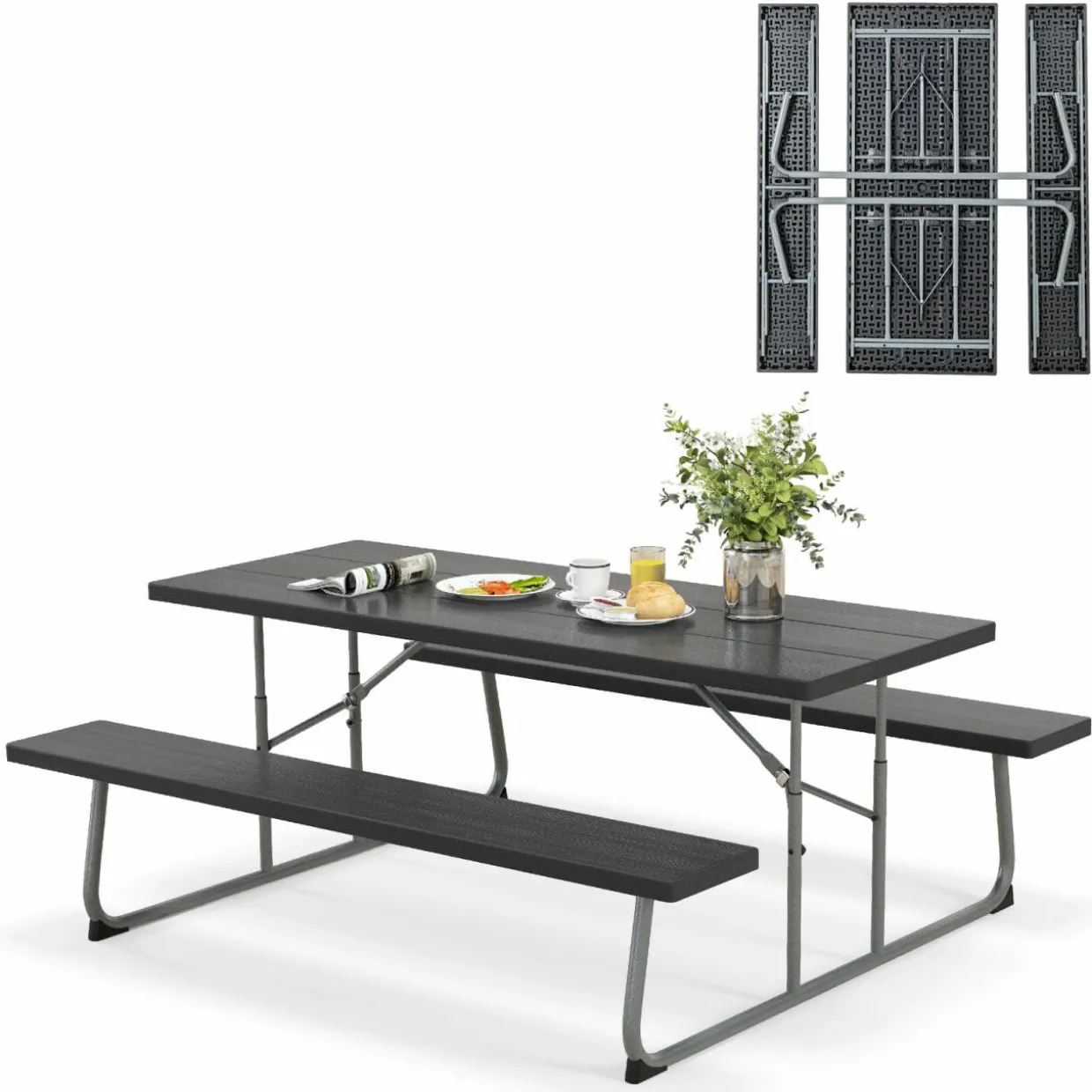 Tangkula 6 Ft Folding Picnic Table, Outdoor Picnic Table with 2 Built-in Benches, Umbrella Hole
