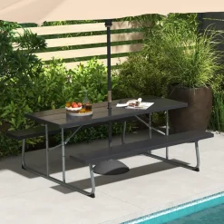 Tangkula 6 Ft Folding Picnic Table, Outdoor Picnic Table with 2 Built-in Benches, Umbrella Hole