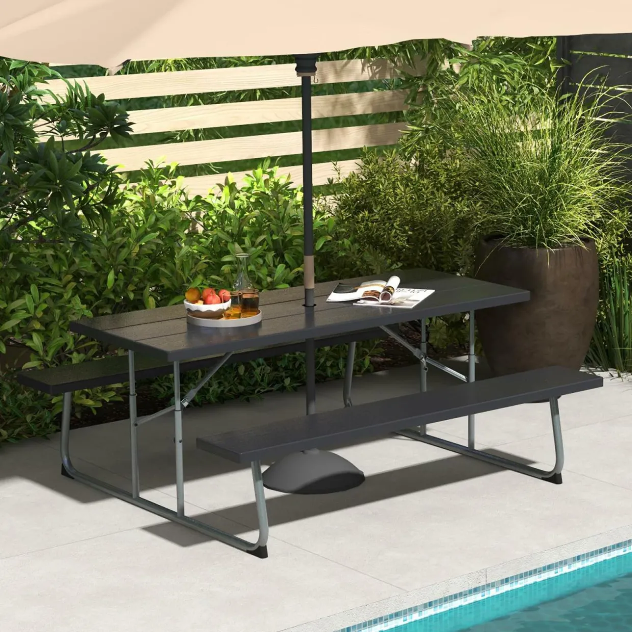 Tangkula 6 Ft Folding Picnic Table, Outdoor Picnic Table with 2 Built-in Benches, Umbrella Hole