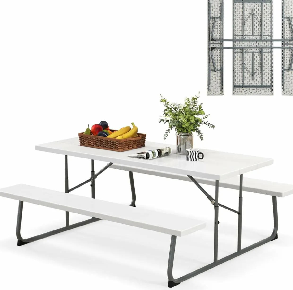 Tangkula 6 Ft Folding Picnic Table, Outdoor Picnic Table with 2 Built-in Benches, Umbrella Hole